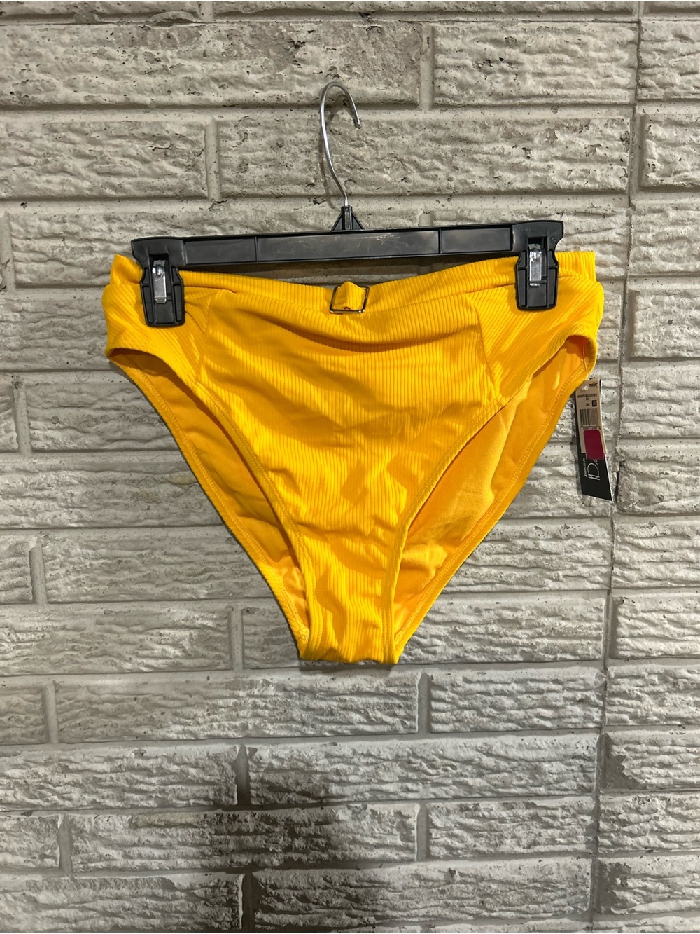 NWT Yellow Ribbed High-Waist Bikini Bottom with Decorative Buckle Size Large